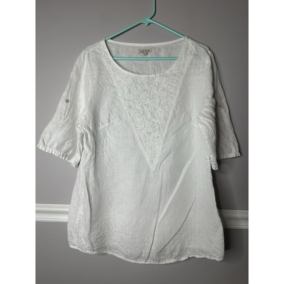 Lina Tomei Linen Top Eyelet Round Neck White Sz Large Italy Boho Classic - Picture 1 of 6